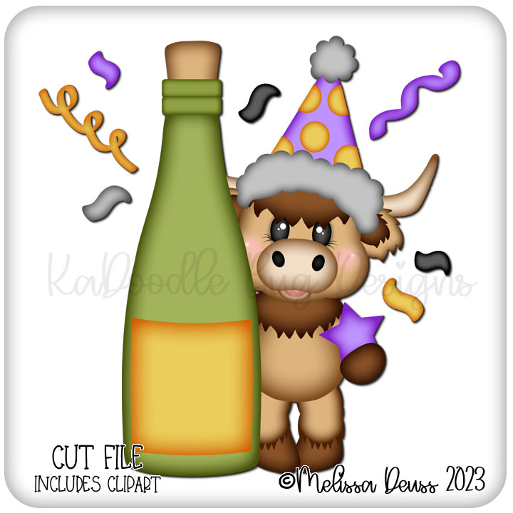 New Year Champagne Highland Cow